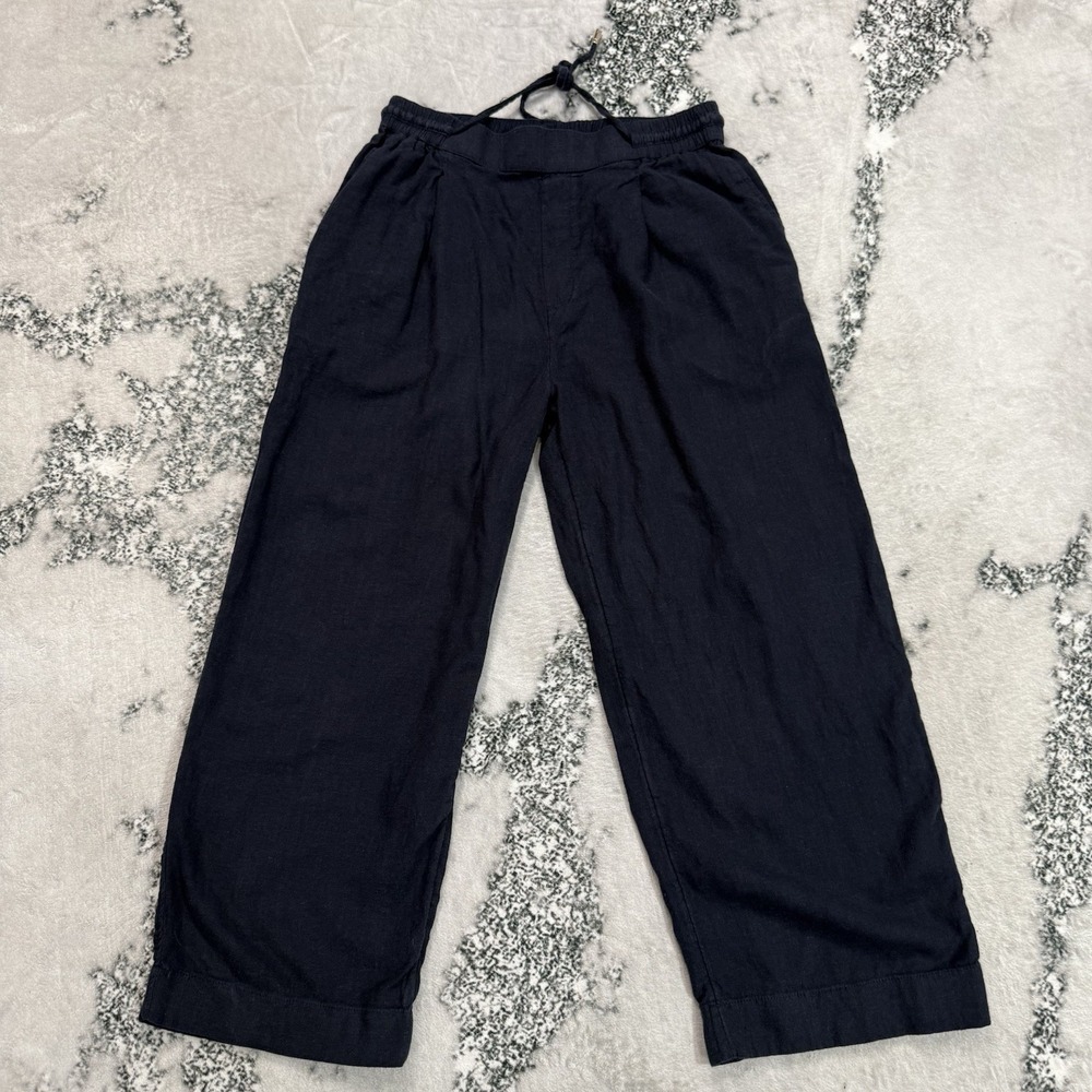 Nautica Pants Womens M Linen Blend Navy Drawstring Elastic Waist Wide Leg